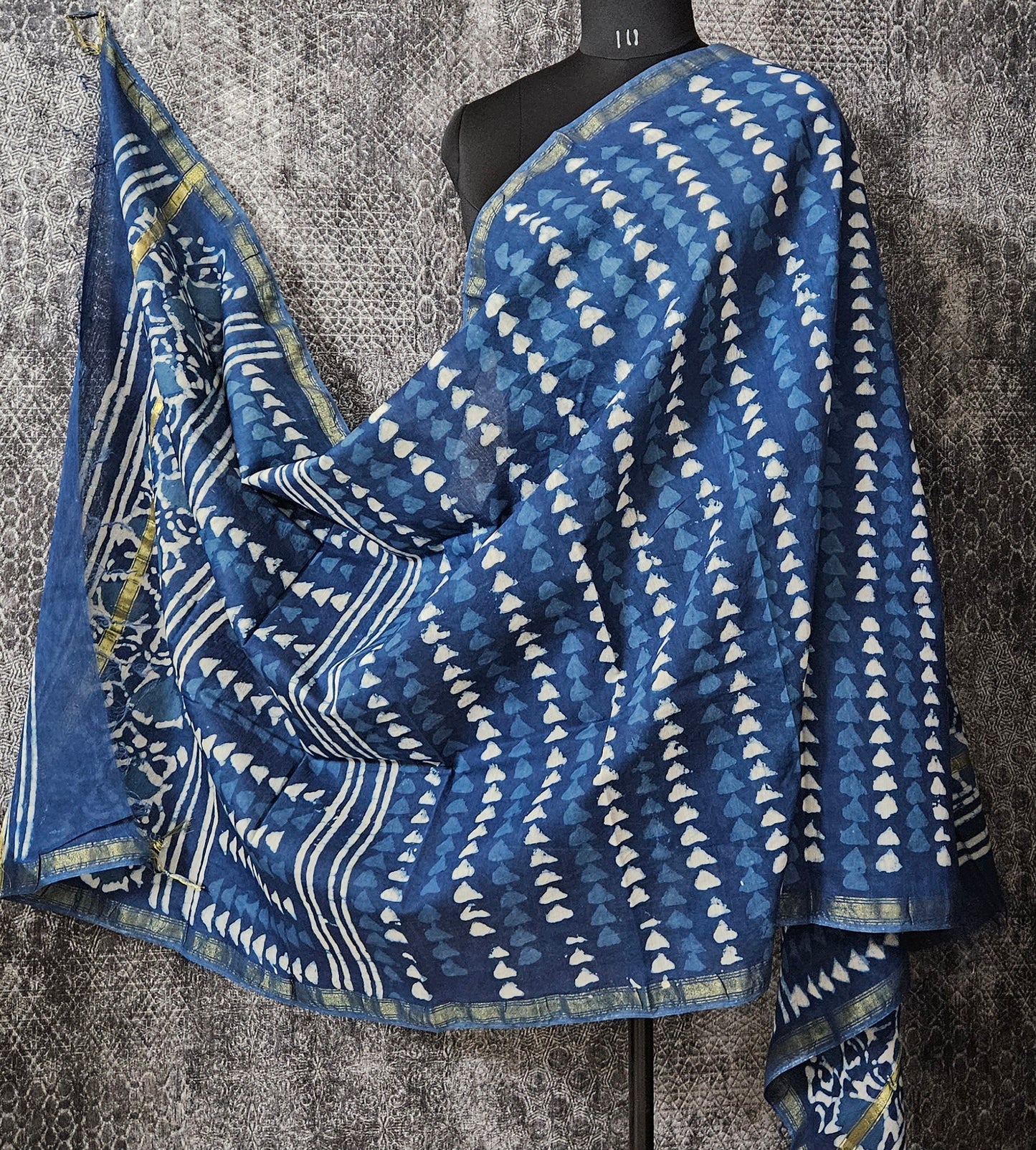 Indigo'n'white chanderi block print dupatta