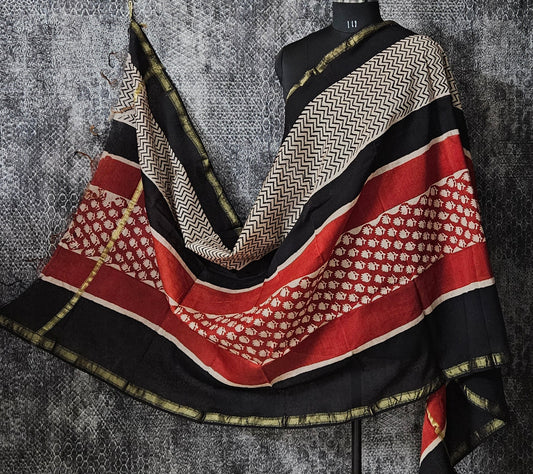 Beige red'n'black chanderi block print dupatta