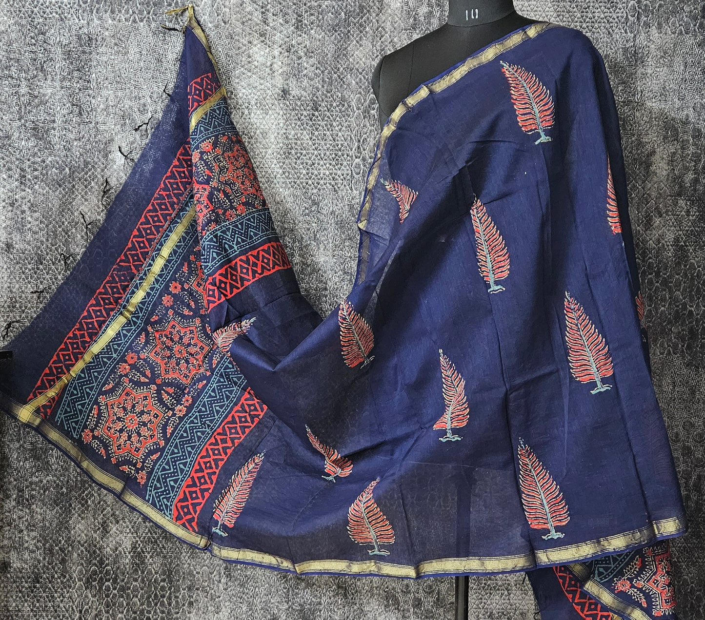 Royal blue red'n'green chanderi block print dupatta.