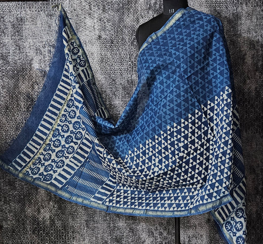 Indigo'n'white chanderi block print dupatta