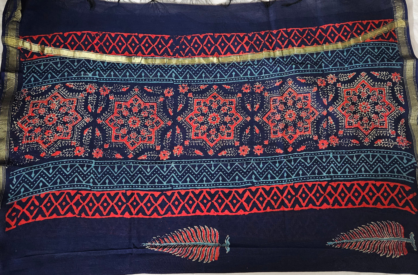 Royal blue red'n'green chanderi block print dupatta.