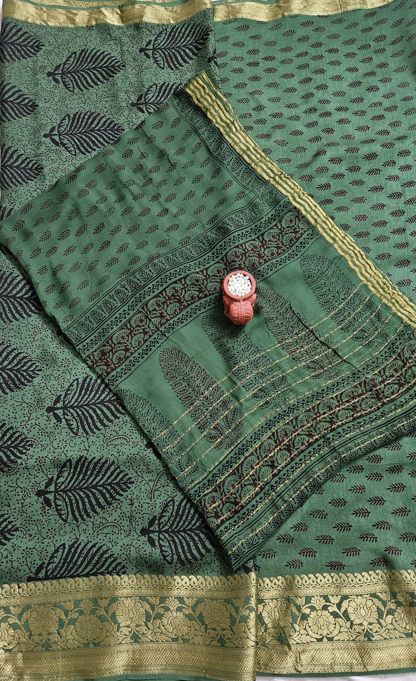 Bottle green'n'black bagh print dola silk suit.