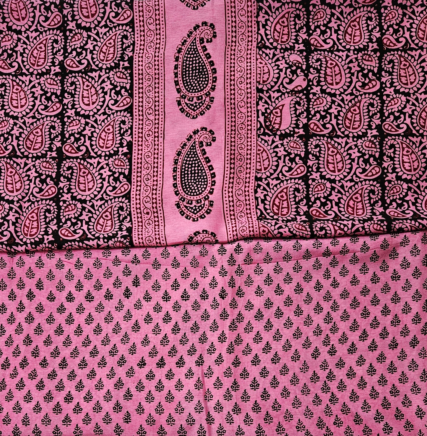 Pink'n'blackbagh print dola silk suit.