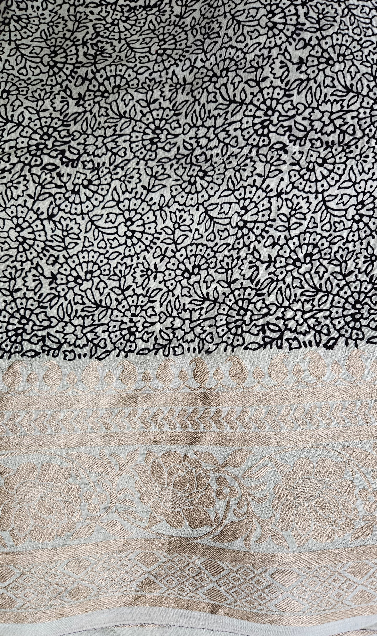 Pistagreen'n'black bagh print dola silk with banarsi border