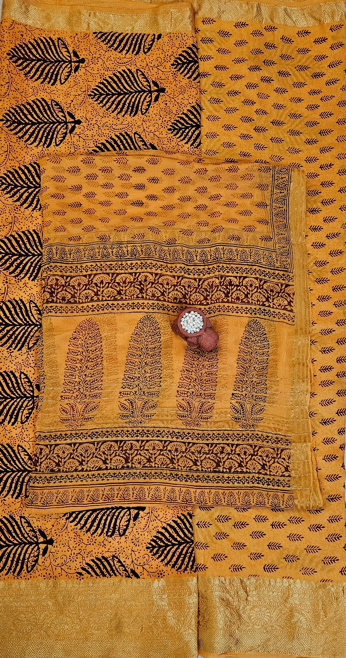 Marigold yellow bagh print dola silk suit