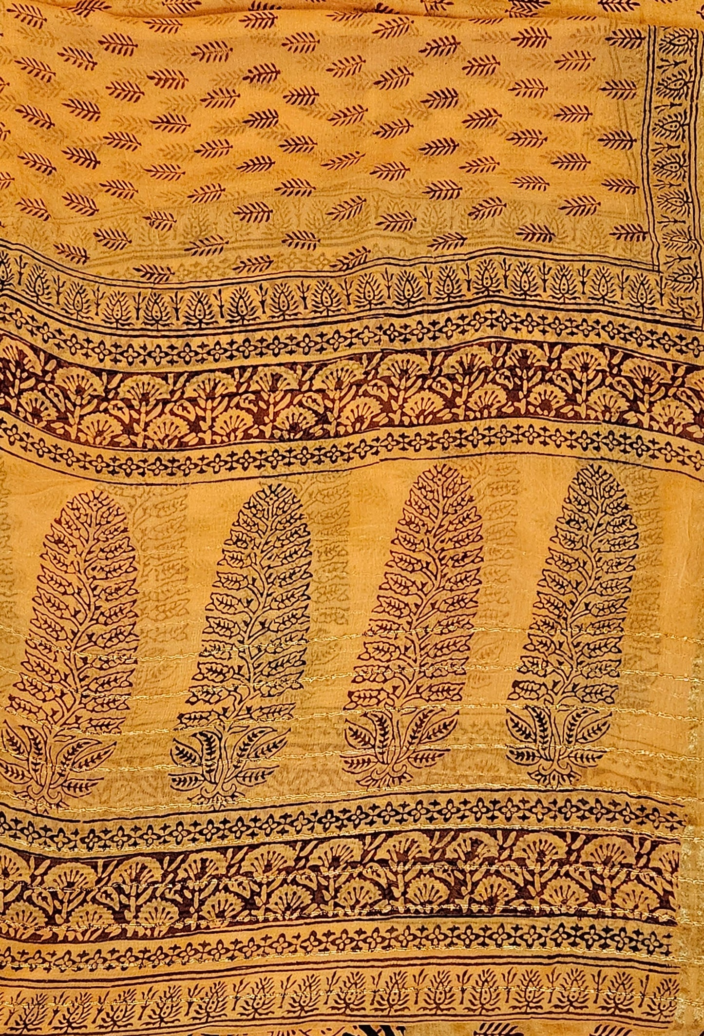 Marigold yellow bagh print dola silk suit