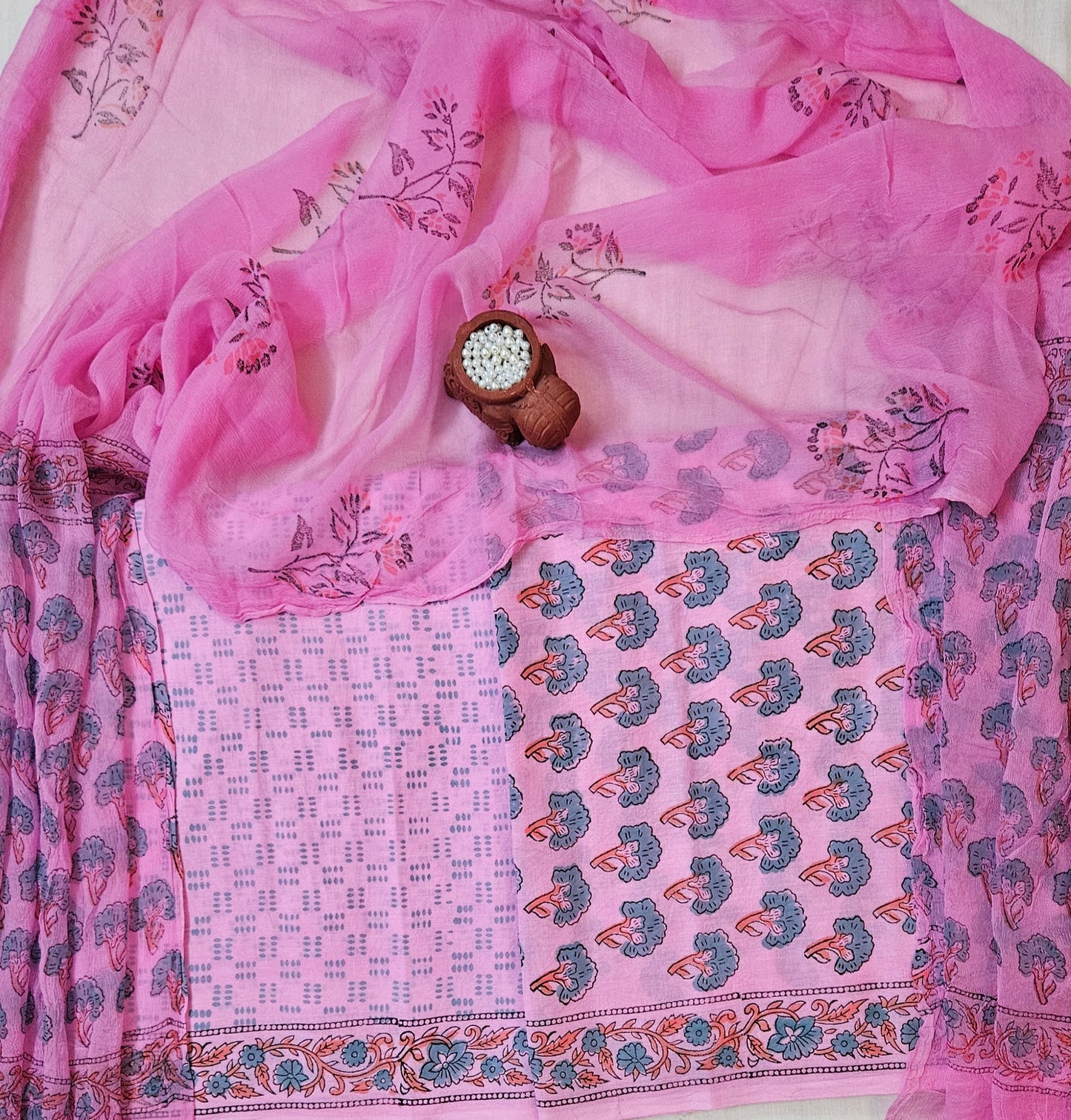 Pink'n'grey Sanganeri print cotton suit with chiffon dupatta