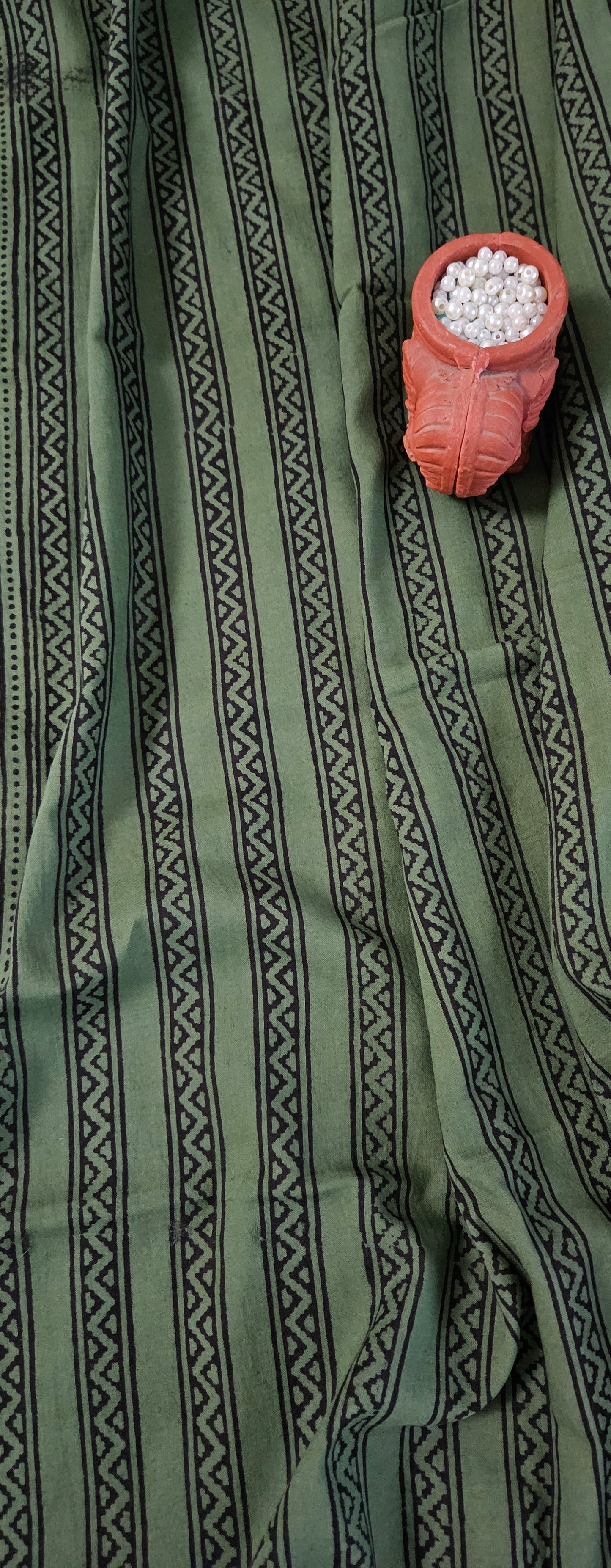 Green'n'black block print kurta material