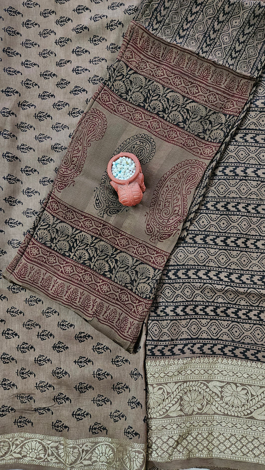 Brown'n'black bagh print dola silk suit material