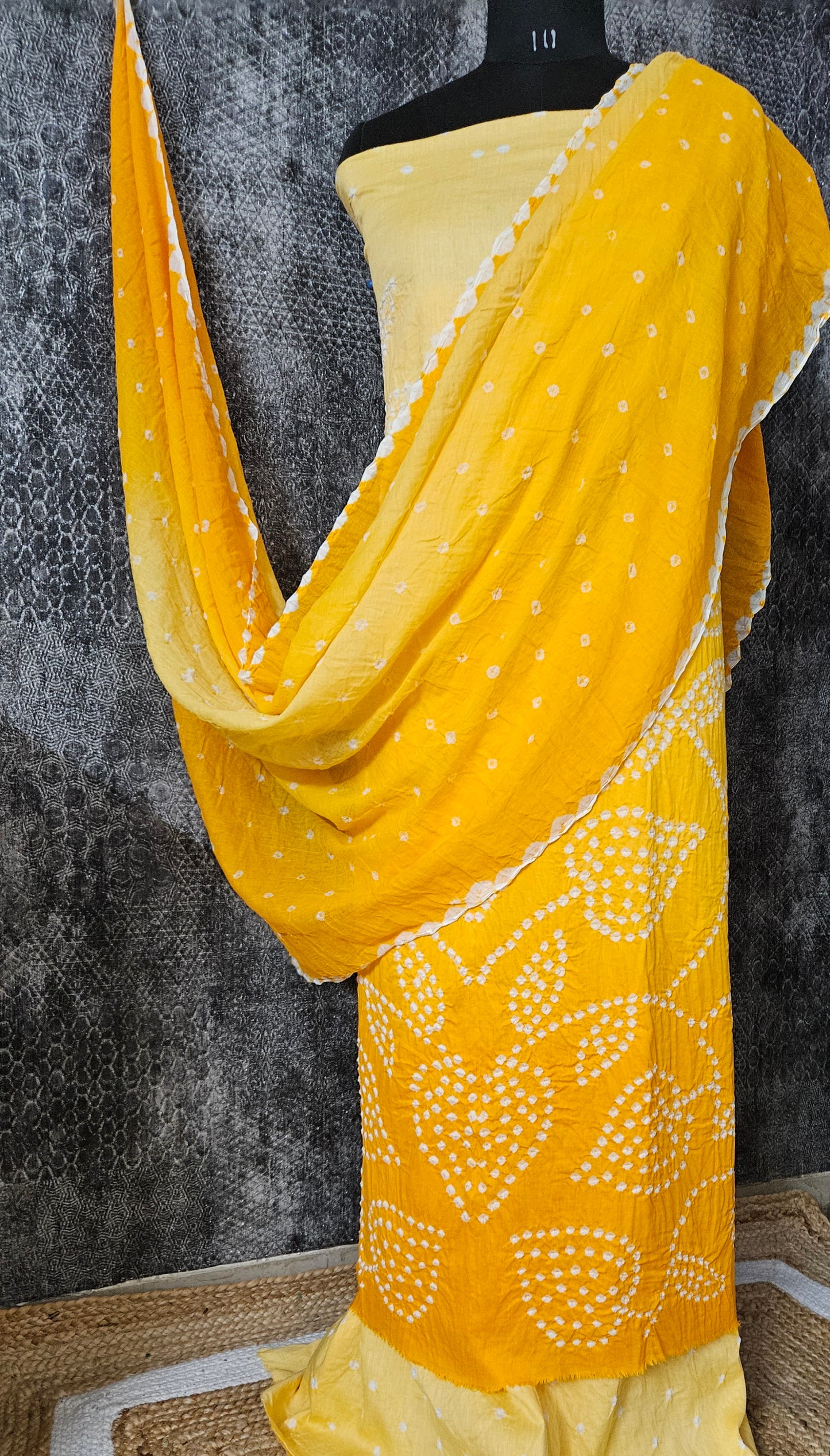 Mango yellow bandhani cotton crepe suit