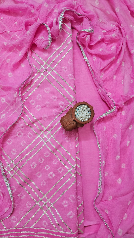 Pink'n'white cotton bandhani suit with chiffon dupatta