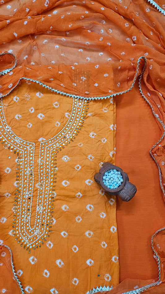 Orange'n'white bandhani cotton suit with chiffon dupatta