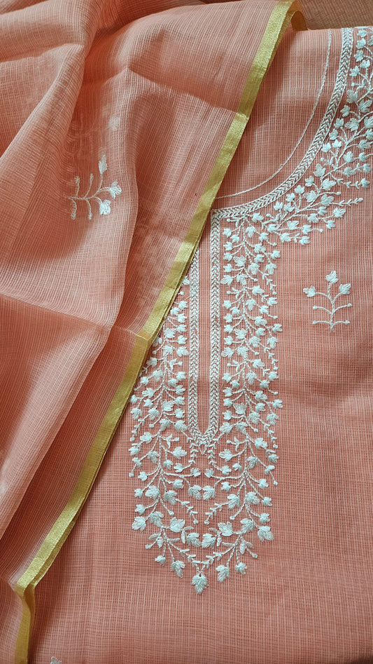 Peach Kota doriya suit with thread embroidery