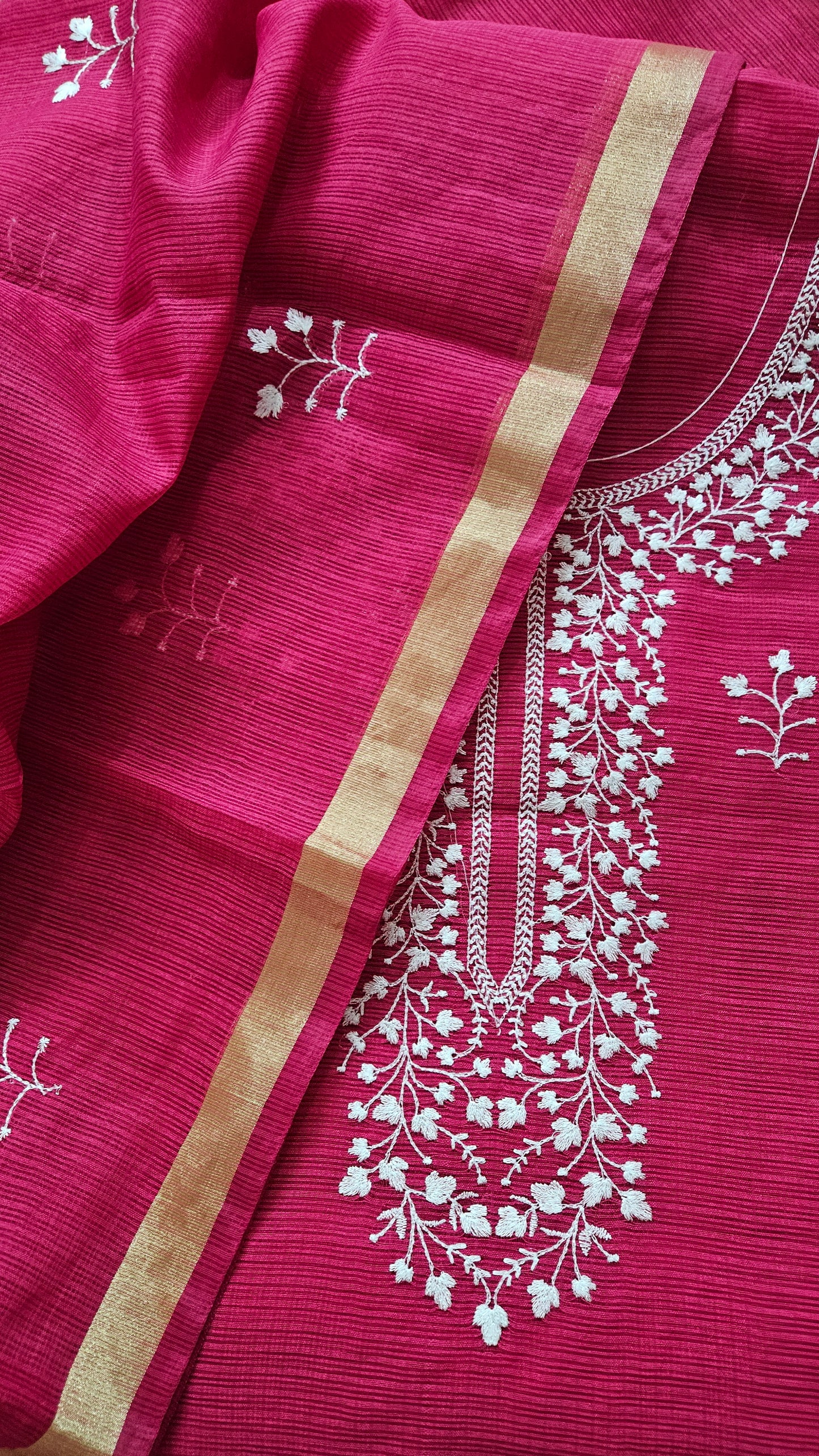 Rani pink Kota doriya suit with thread embroidery