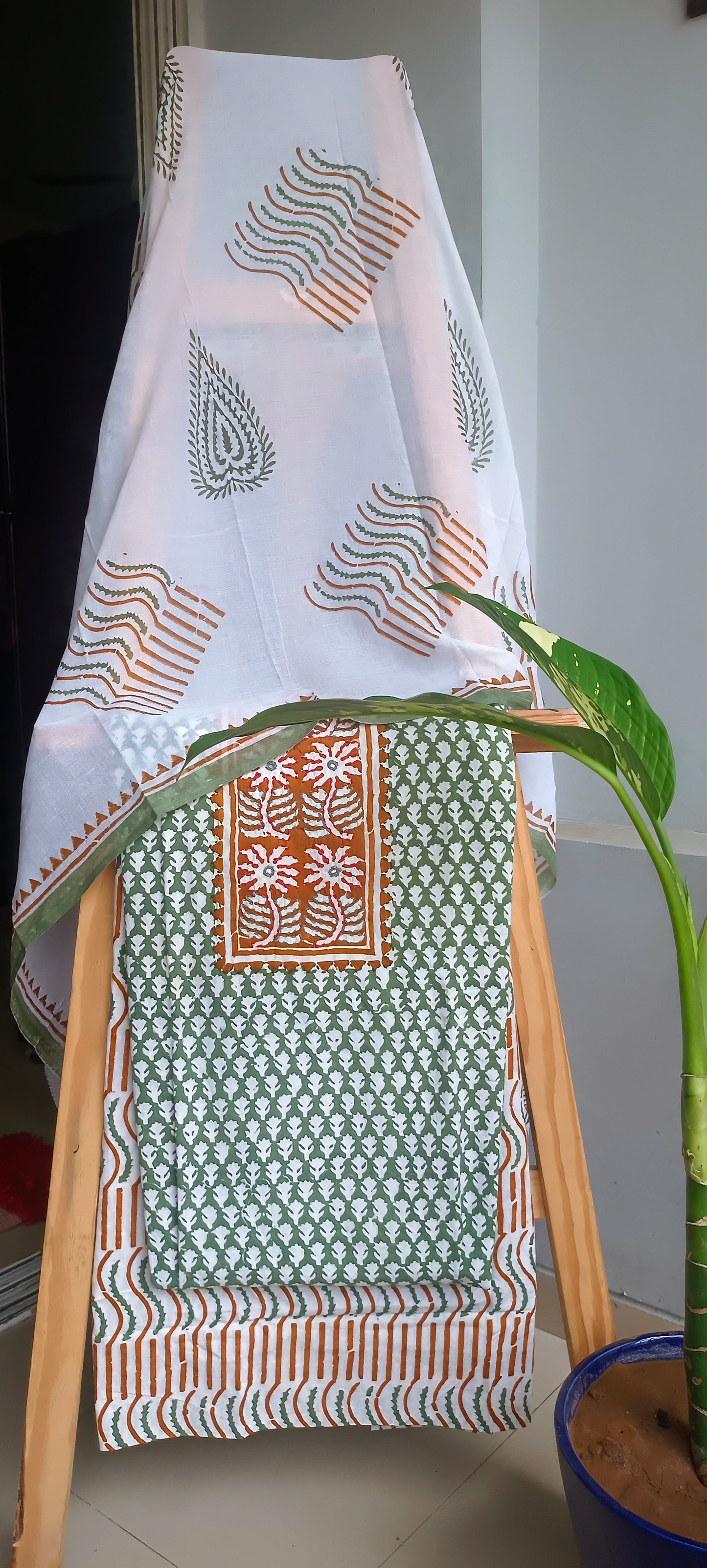 White'n'green baroda print cotton suit.