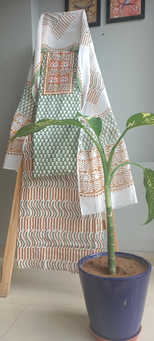 White'n'green baroda print cotton suit.