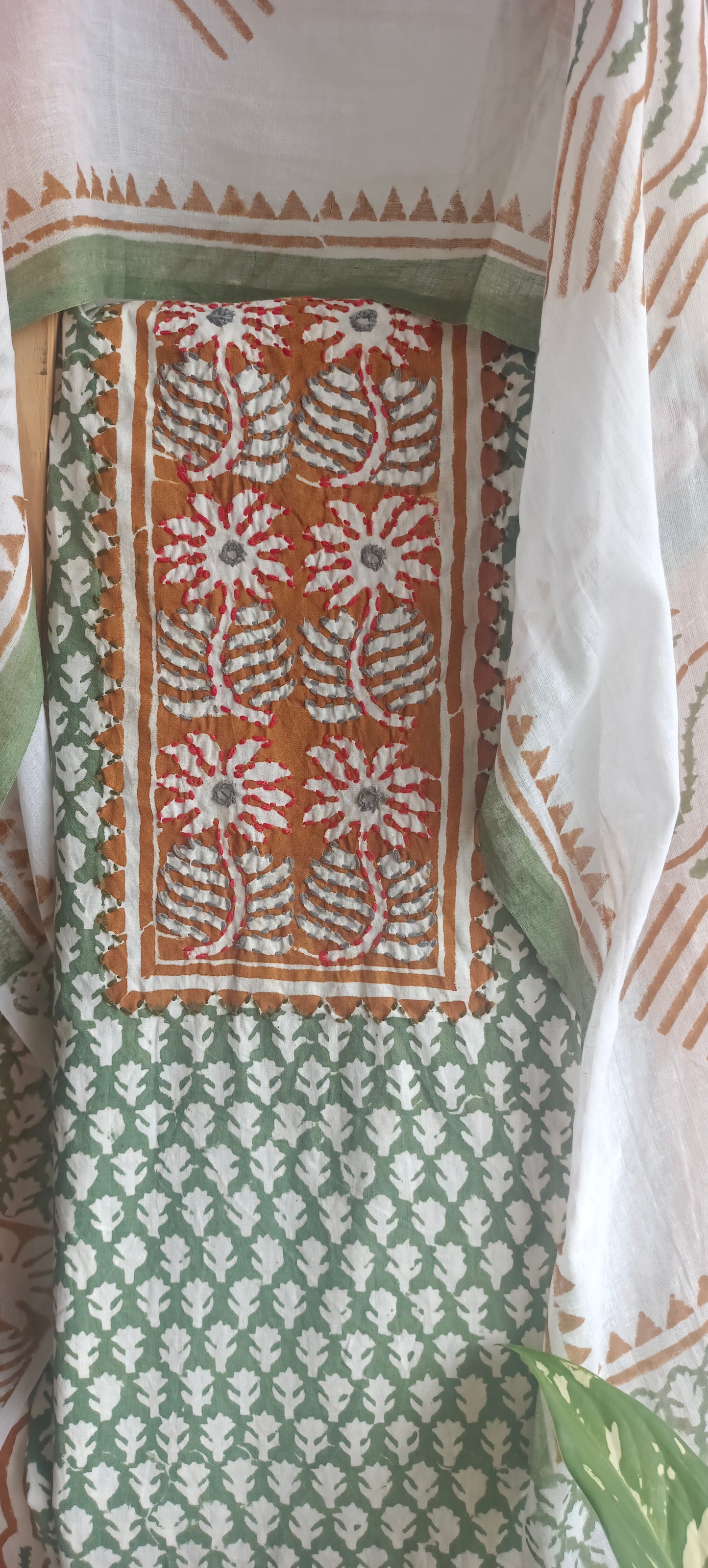 White'n'green baroda print cotton suit.