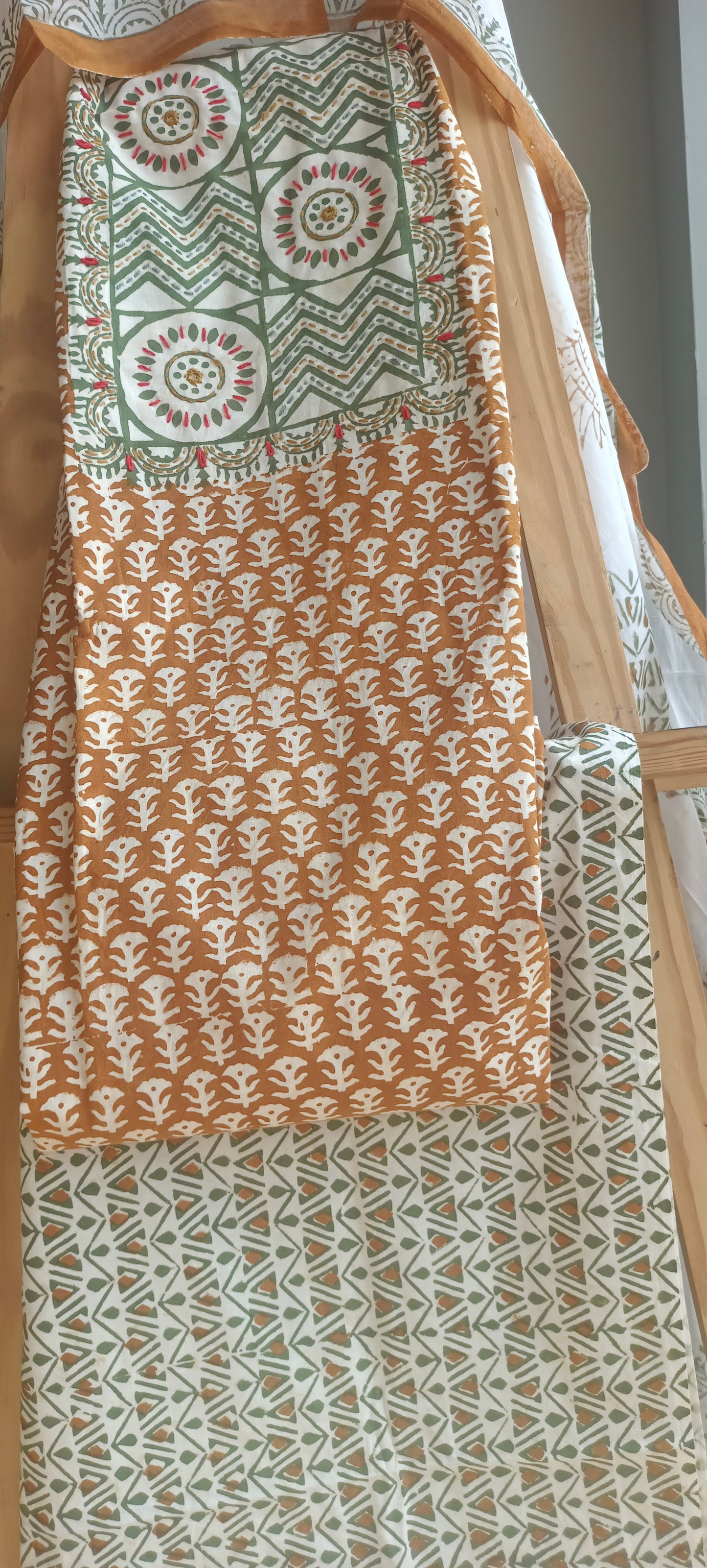 Mustard'n'green Baroda print cotton suit.