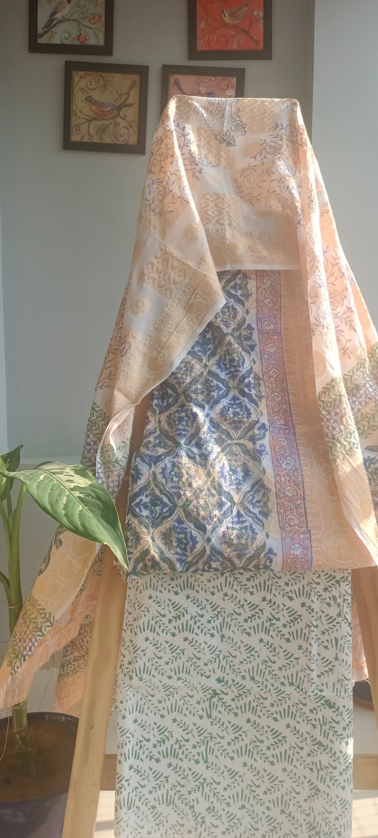 Blue'n'green kalamkari block print cotton suit.