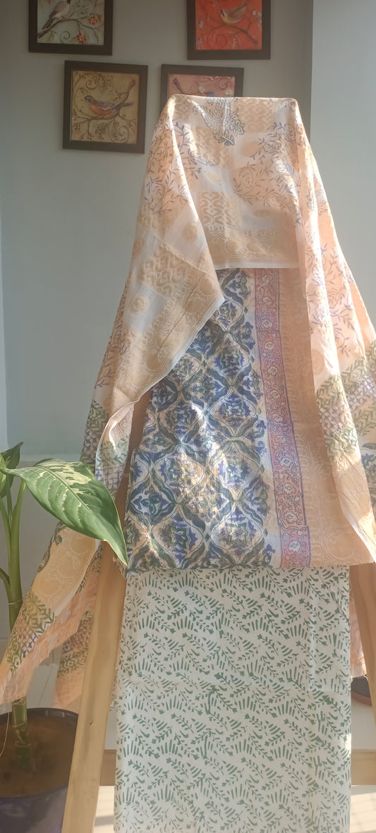 Blue'n'green kalamkari block print cotton suit.