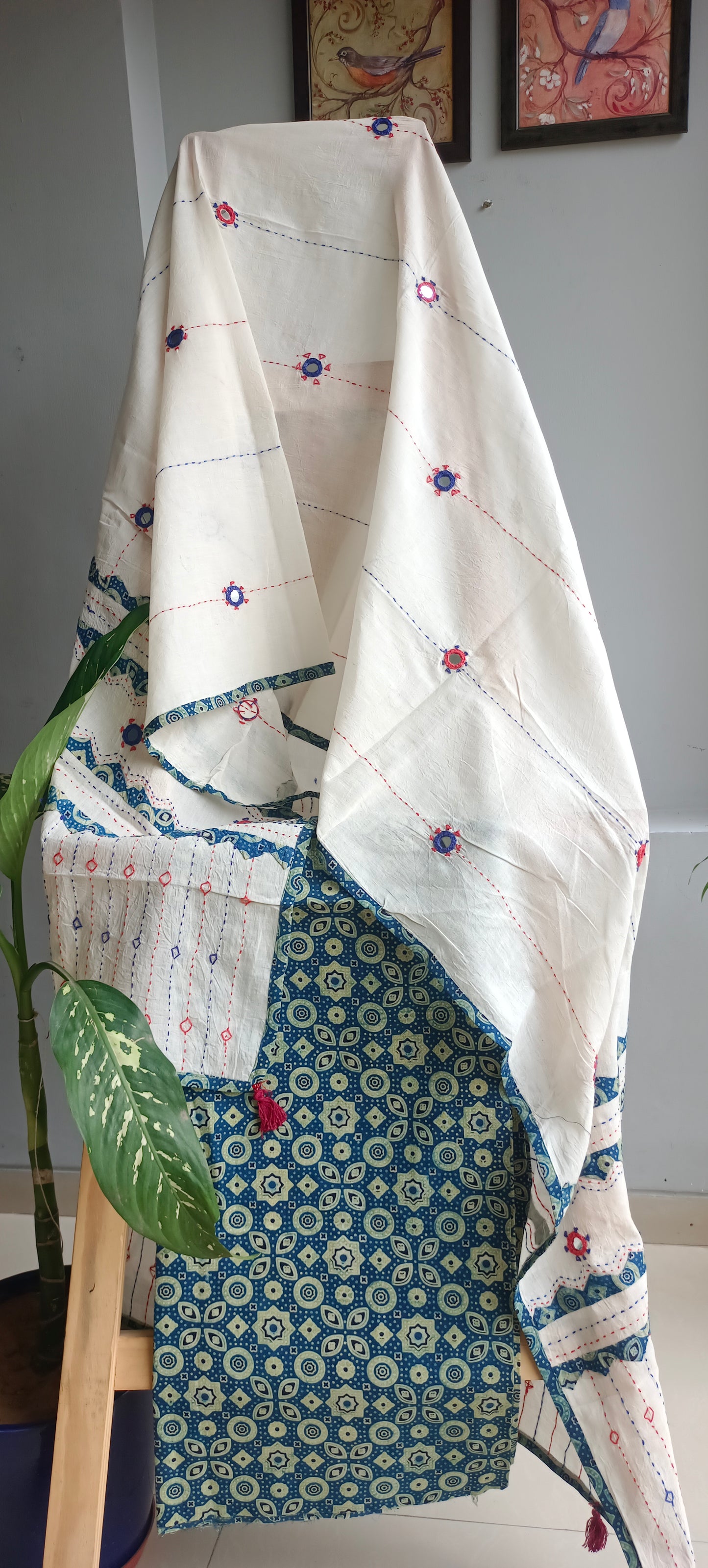 Blue'n'green ajrakh print cotton kurta Dupatta set.