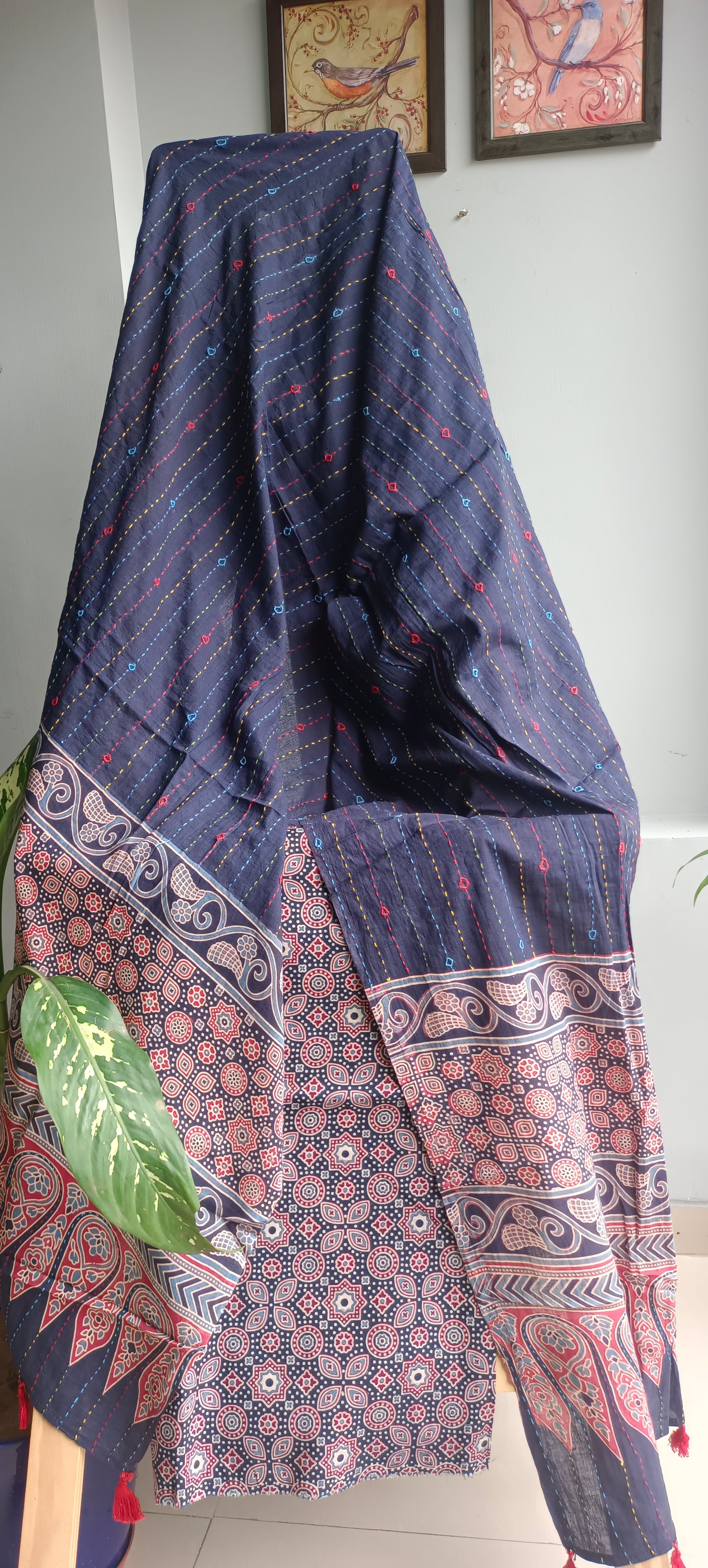 Navy blue'n'maroon ajrakh print  cotton kurta Dupatta set.