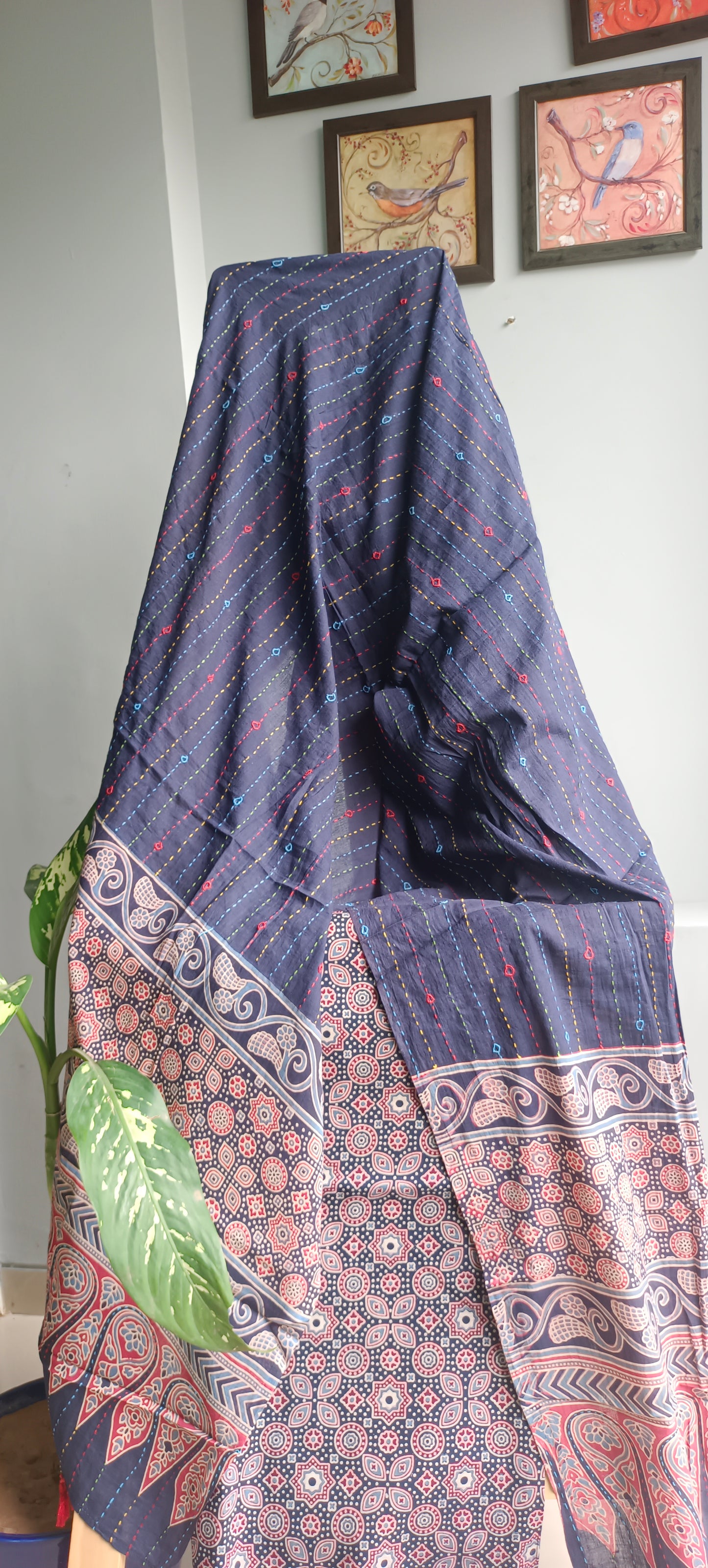 Navy blue'n'maroon ajrakh print  cotton kurta Dupatta set.