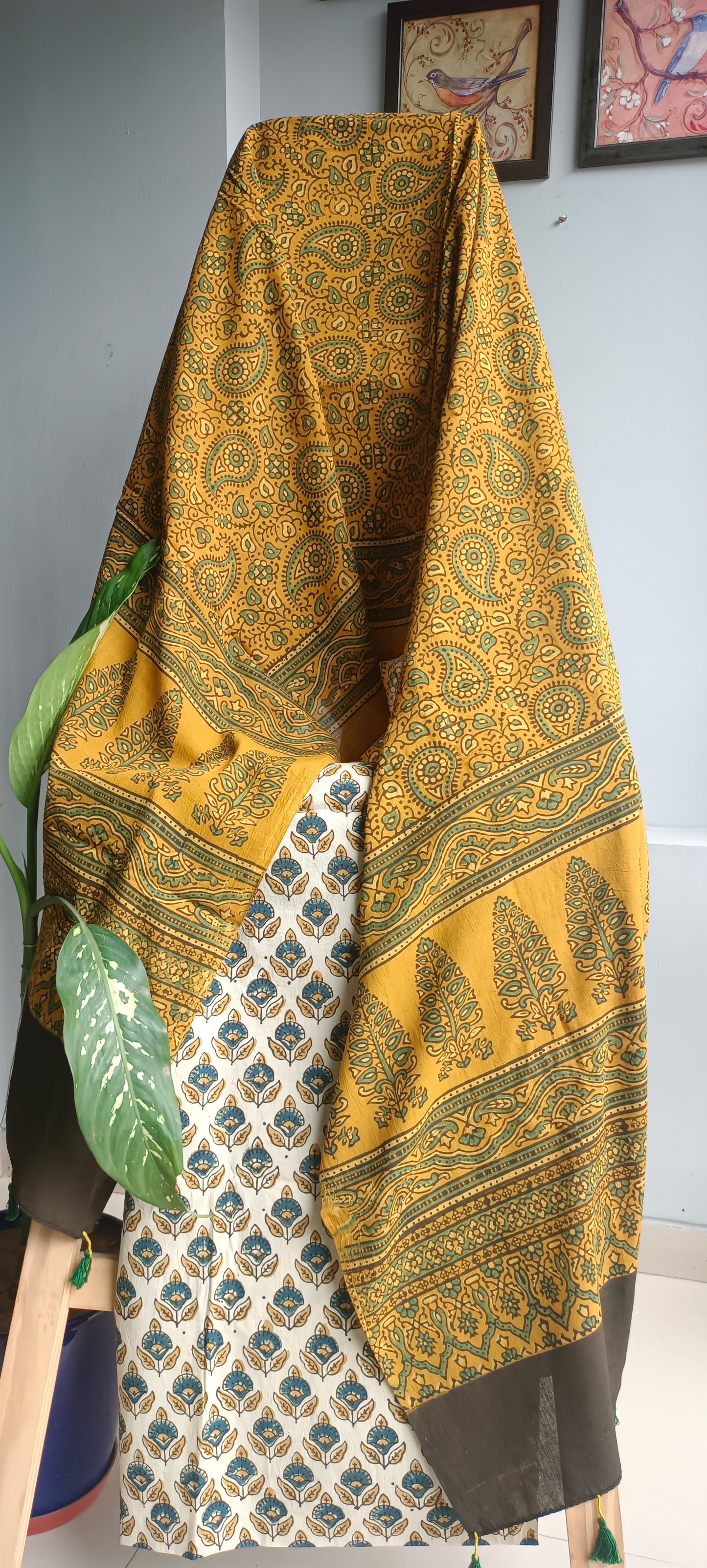 Beige mustard'n'green ajrakh print kurta dupatta set.