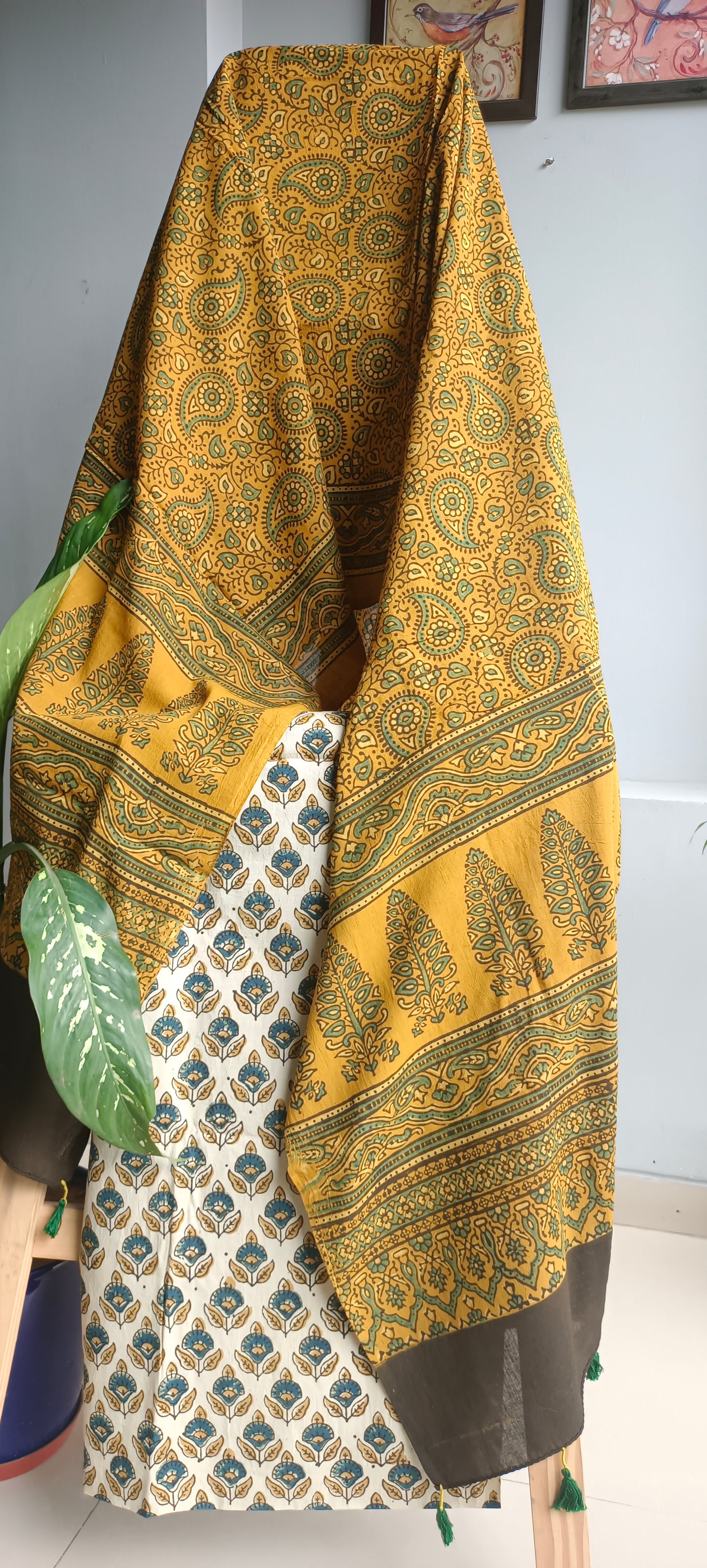 Beige mustard'n'green ajrakh print kurta dupatta set.