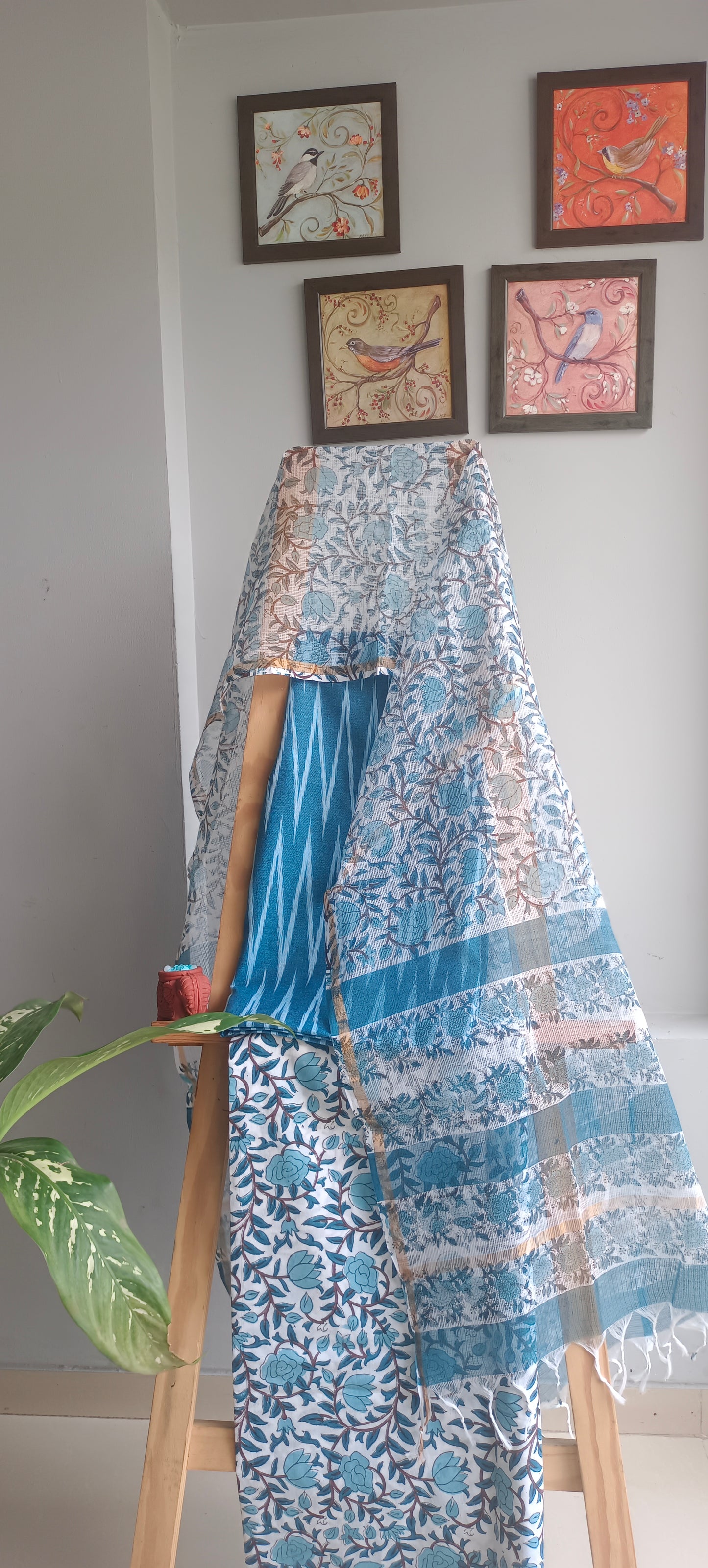 Teal blue ikat'n'baghru print cotton suit