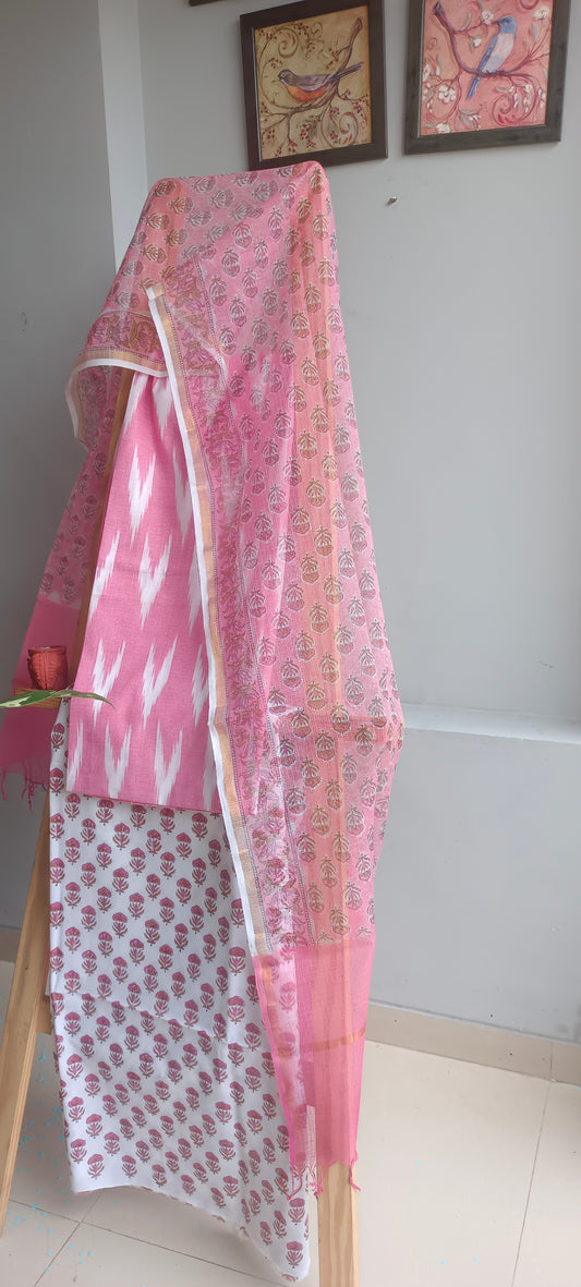 Pink ikat'n'baghru hand block cotton  suit.