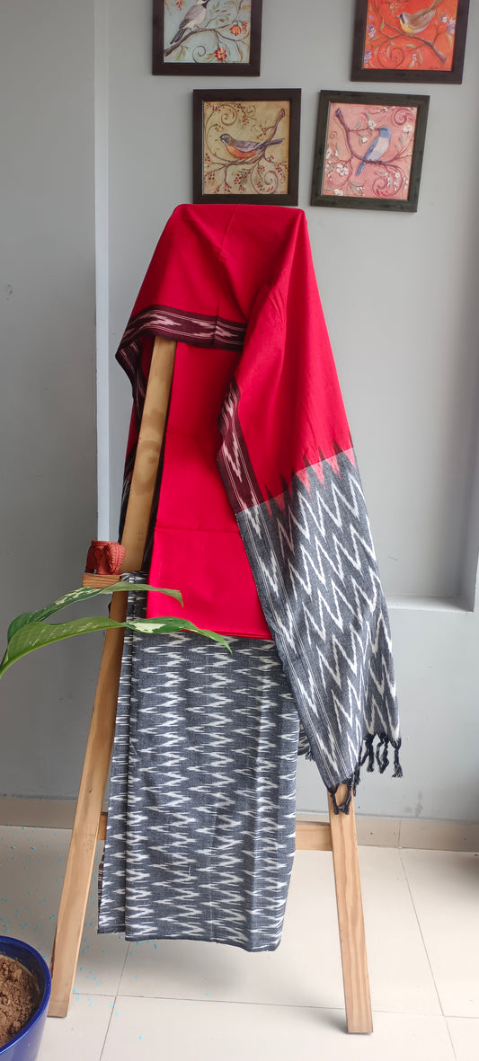 Red'n'Grey pochampally ikat weave cotton suit.