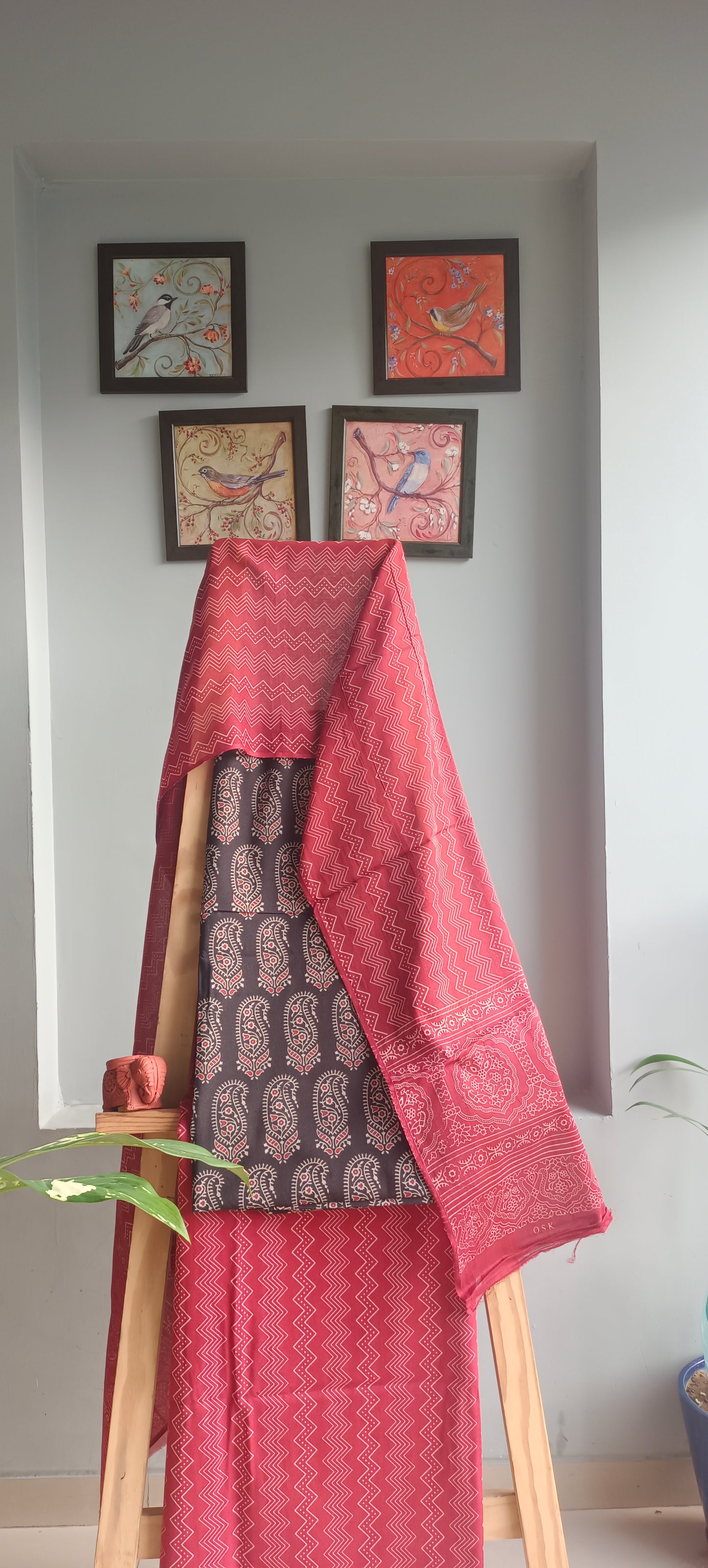 Brick red 'n' black ajrakh hand block print cotton suit.