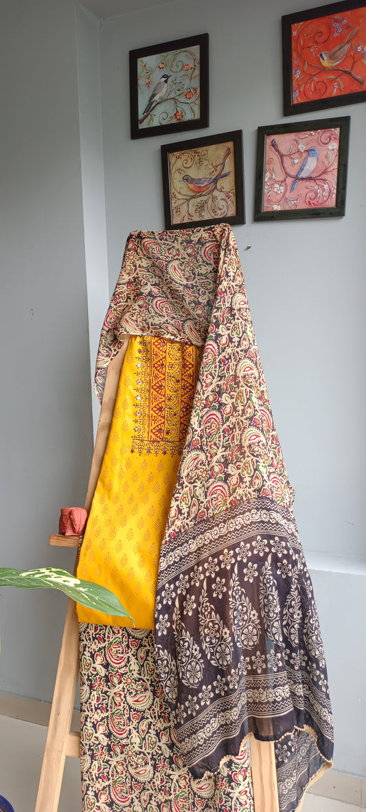 Yellow'n'black kalamkari block print cotton suit.