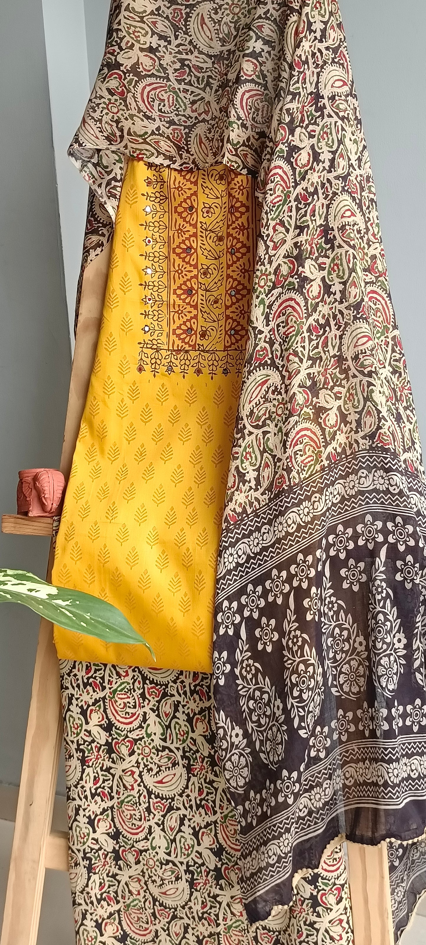 Yellow'n'black kalamkari block print cotton suit.