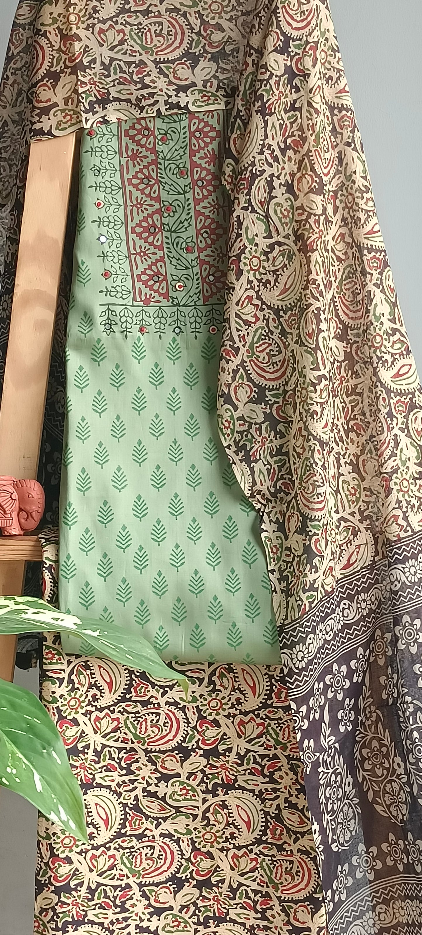 Green'n'black kalamkari block print cotton  suit.