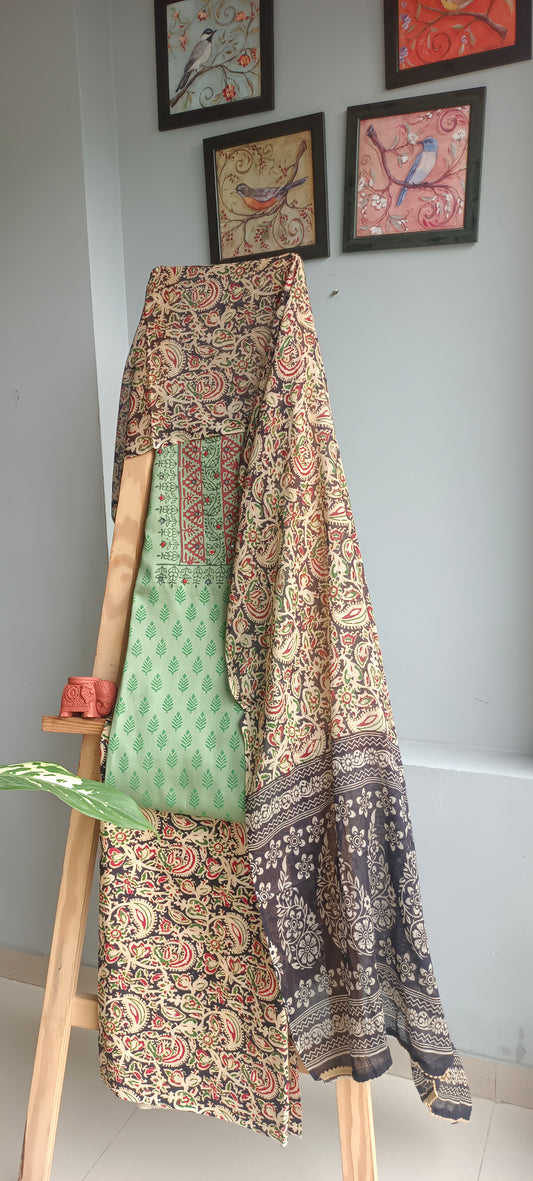 Green'n'black kalamkari block print cotton  suit.