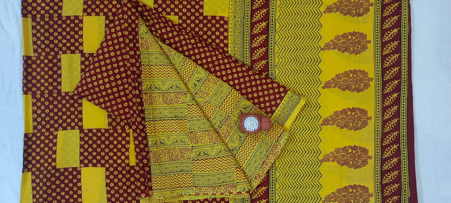 Candy yellow 'n'maroon bagh print cotton  suit.