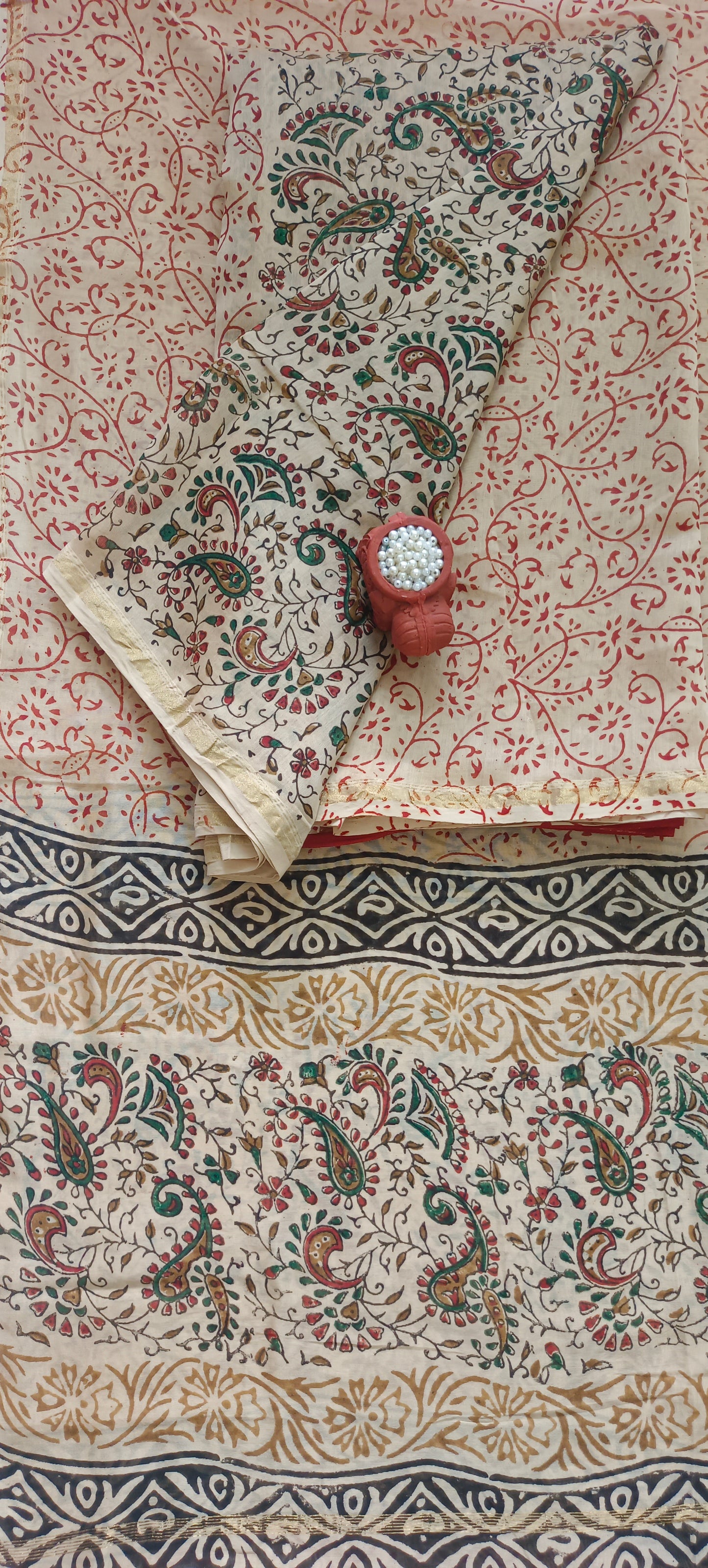 Beige Red'n'green kalamkari block print chanderi suit.