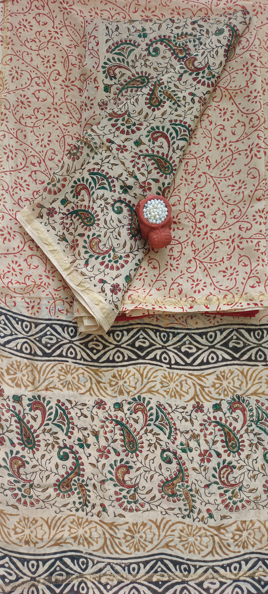 Beige Red'n'green kalamkari block print chanderi suit.