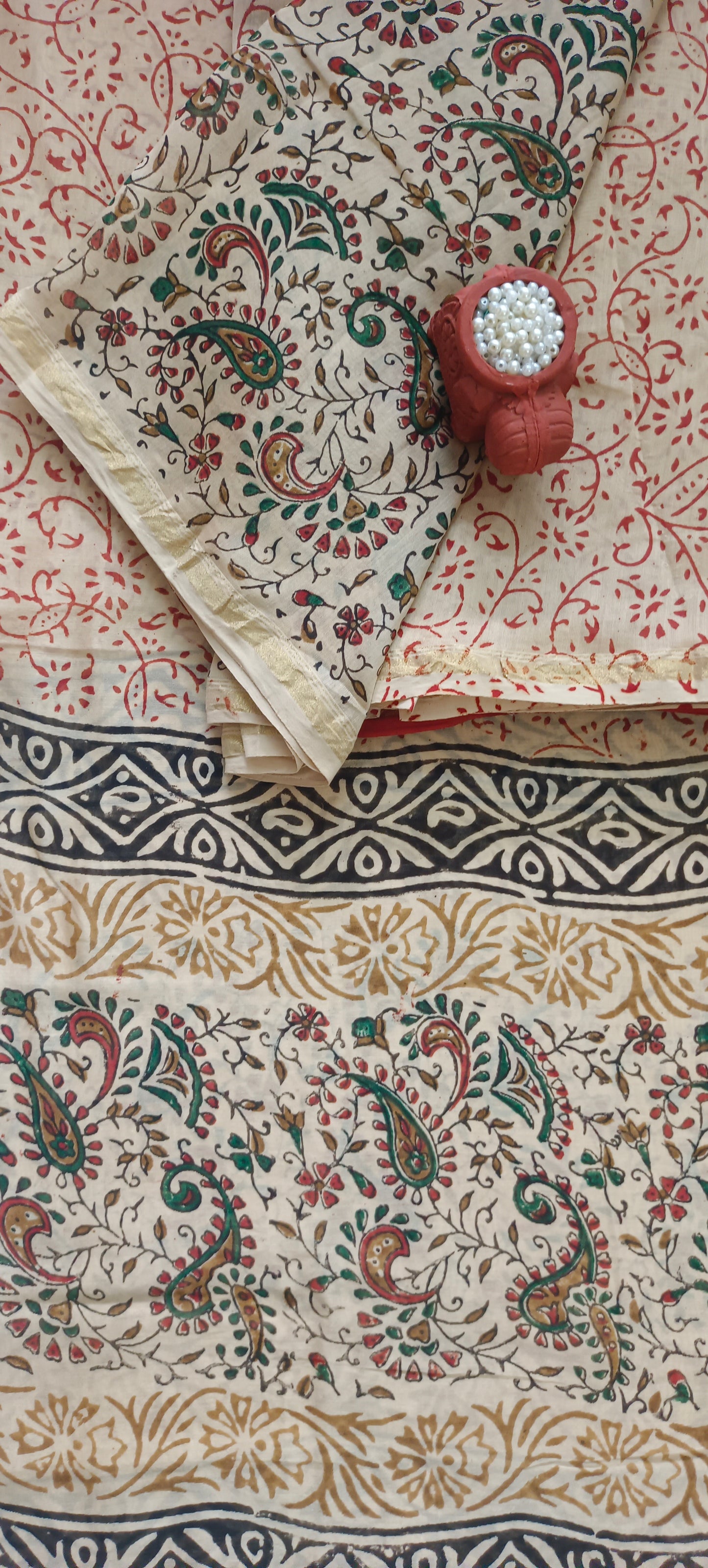 Beige Red'n'green kalamkari block print chanderi suit.