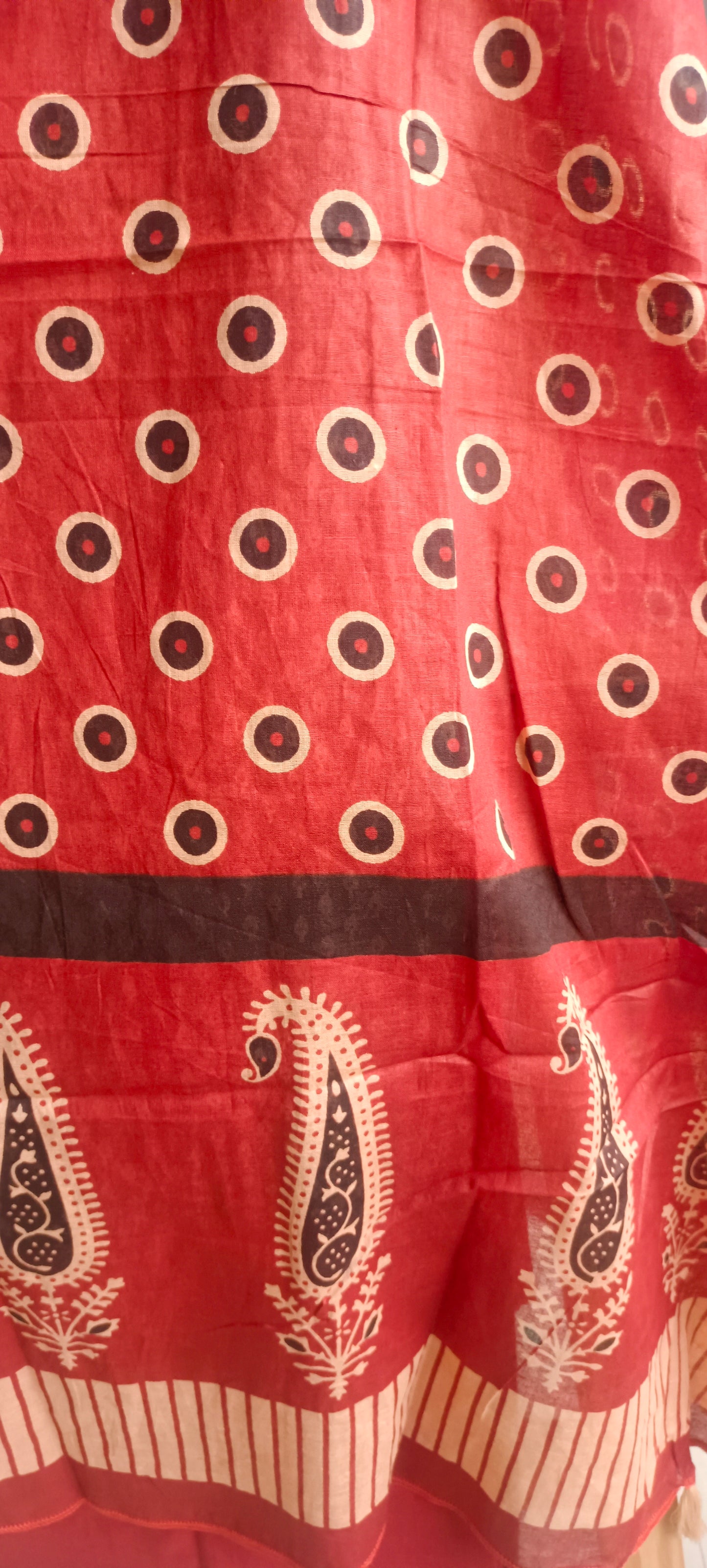 Black,beige'n'brick red cotton gamthi print suit.