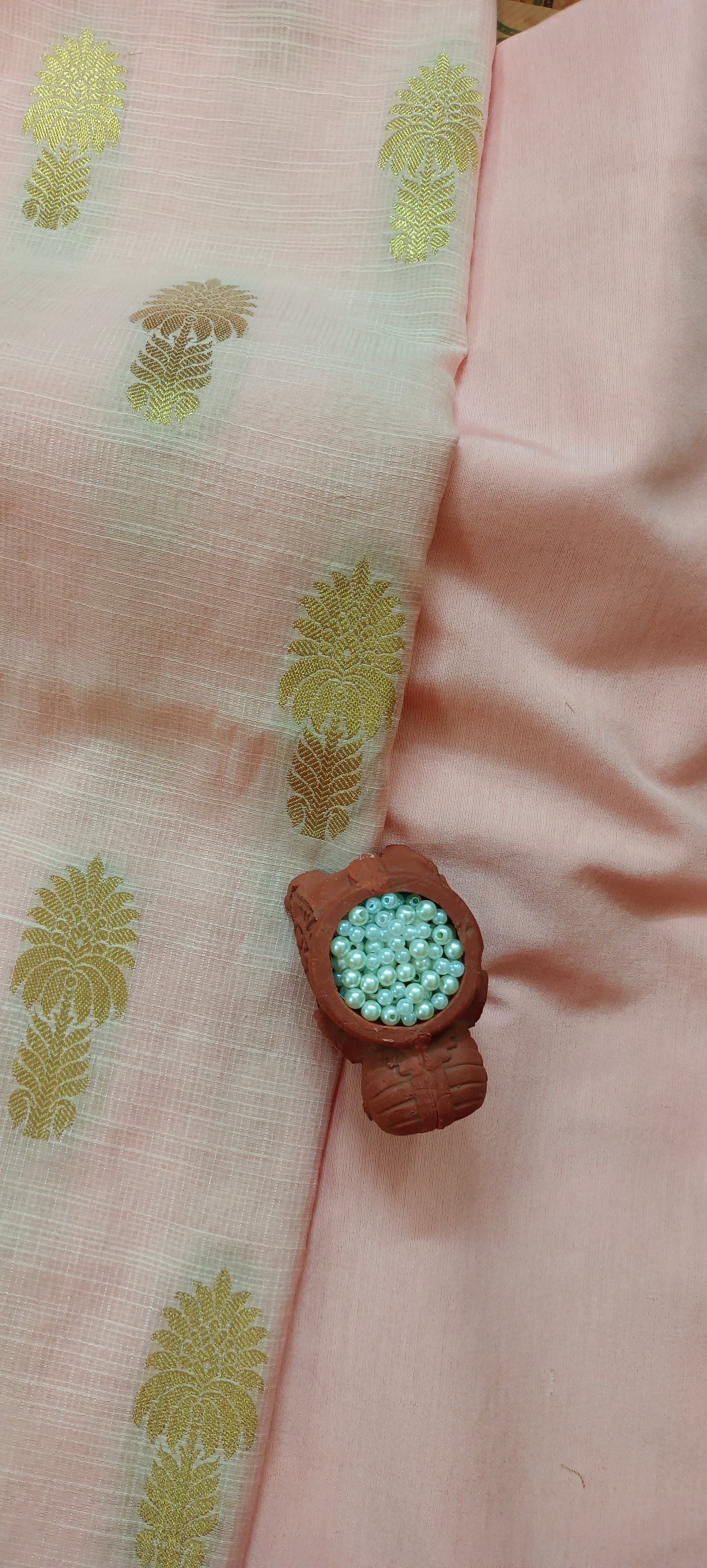 Banarsi cotton  Kota peach suit with multi colour Kota dupatta.