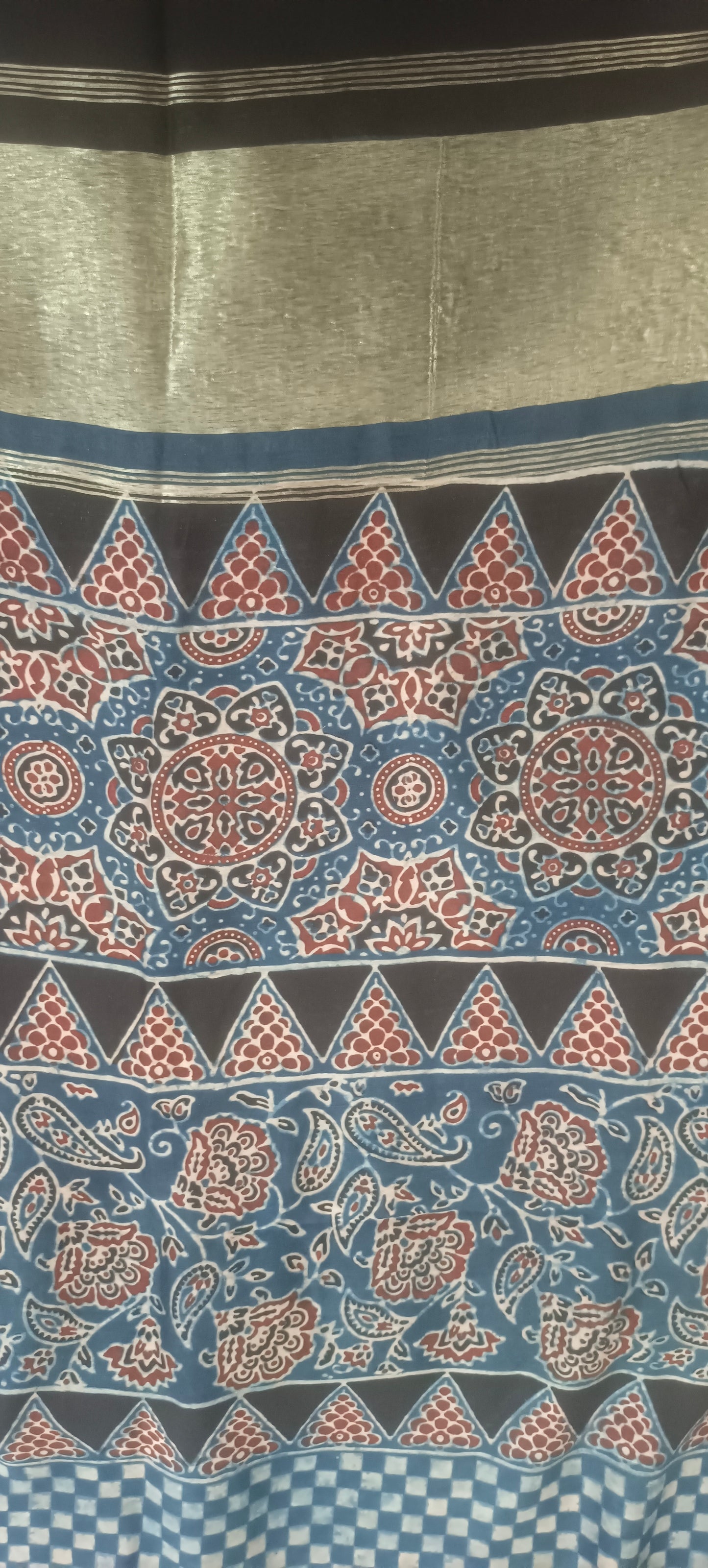 Blue'n'maroon chanderi ajrakh print suit.