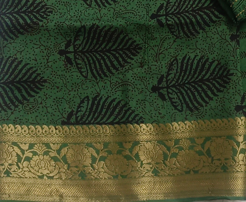 Bottle green'n'black bagh print dola silk suit.